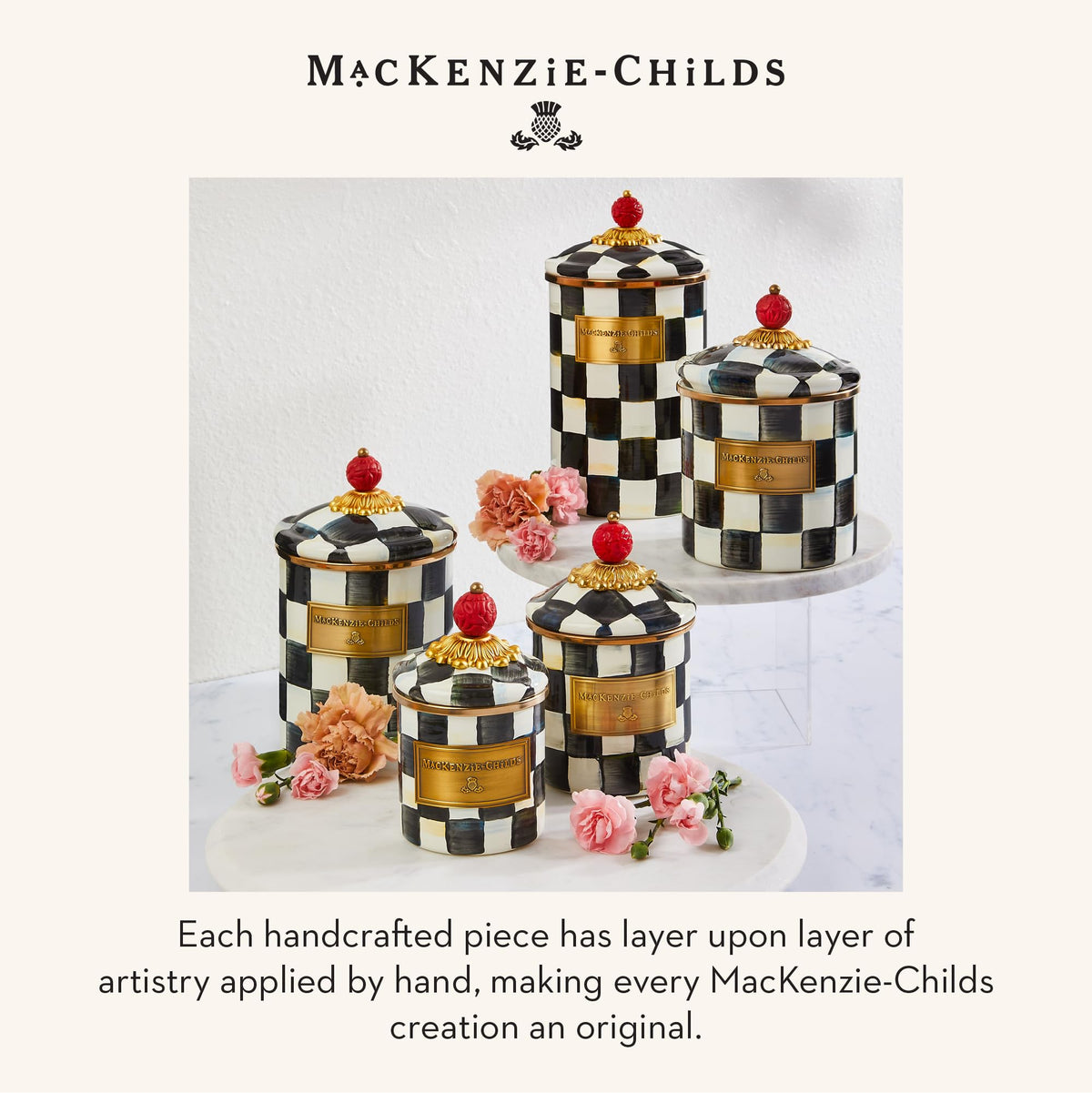 MacKenzie-Childs Courtly Check canister set in multiple sizes for coordinated storage.