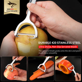 MAD SHARK serrated swiveling blade peeler glides over cucumbers and potatoes