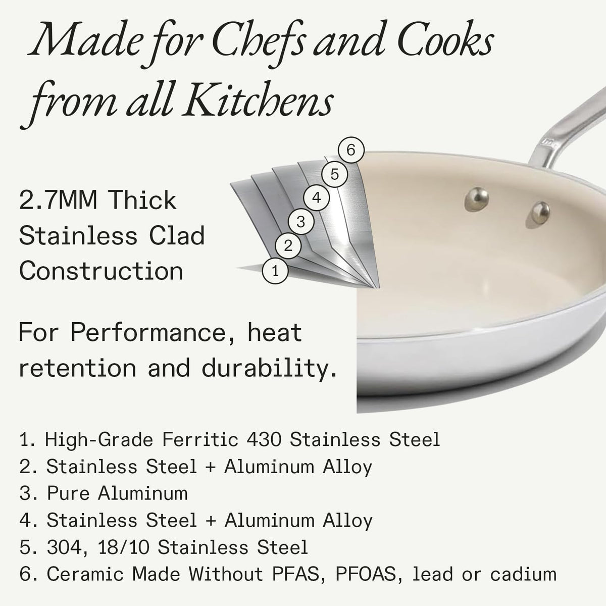 Made In 8-inch pan handle close-up highlighting stay-cool grip during sautéing
