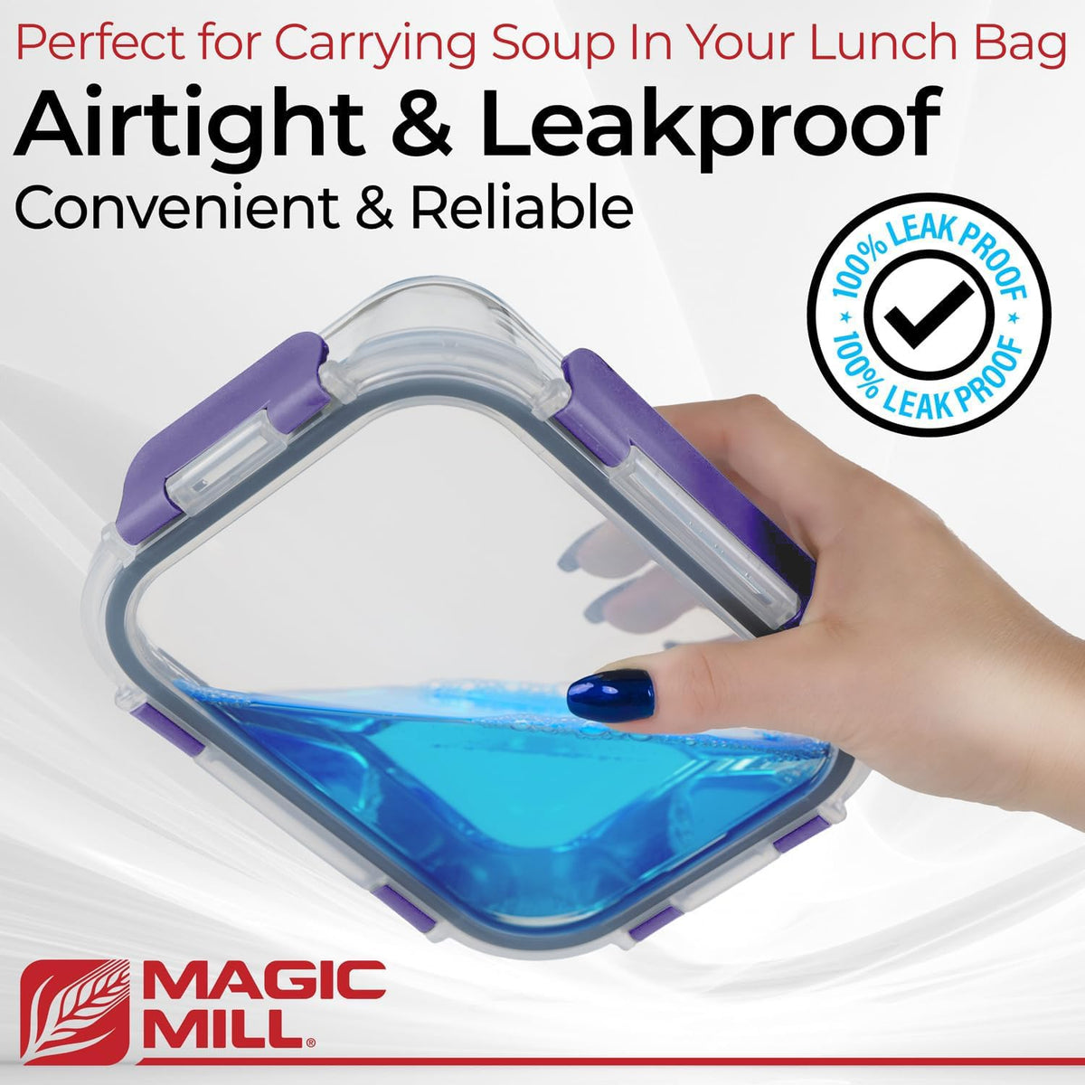 Magic Mill 17.5oz square container fits office lunches.
