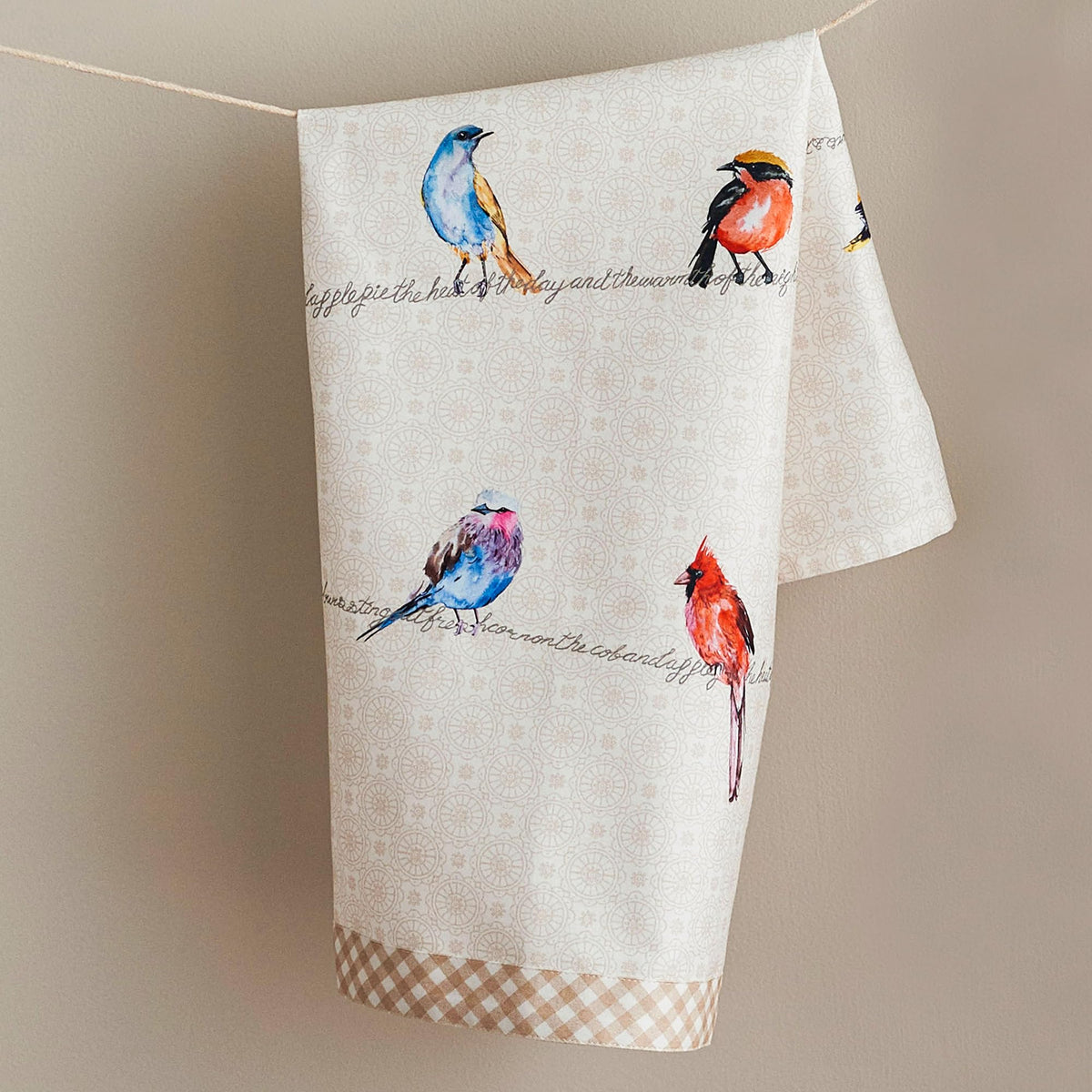 Maison d'Hermine Birdies on Wire towel in rustic kitchen setting.