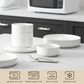 MALACASA LUNA stackable dishware demonstrated for compact kitchen storage.