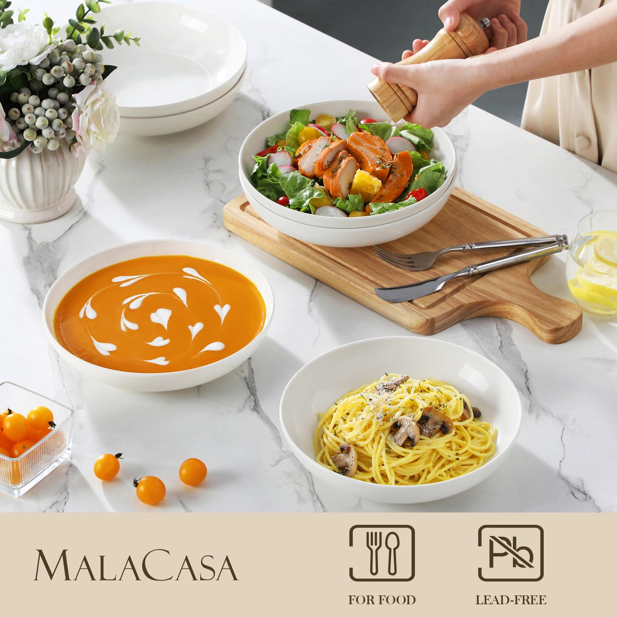 MALACASA Regular pasta bowls white gloss finish for elegant table presentation