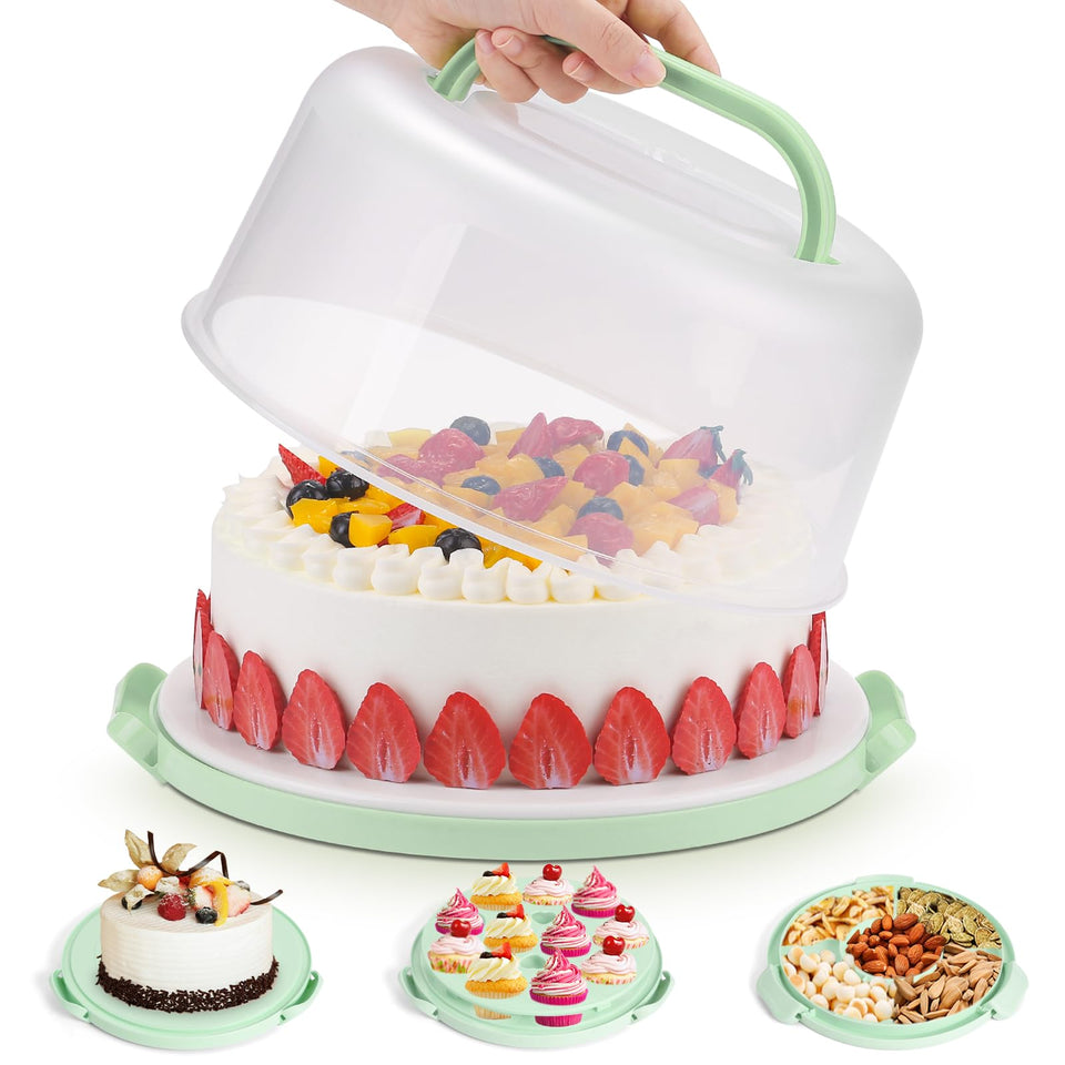 Mamajardin cake carrier with lid and handles ensures safe transport for cakes.