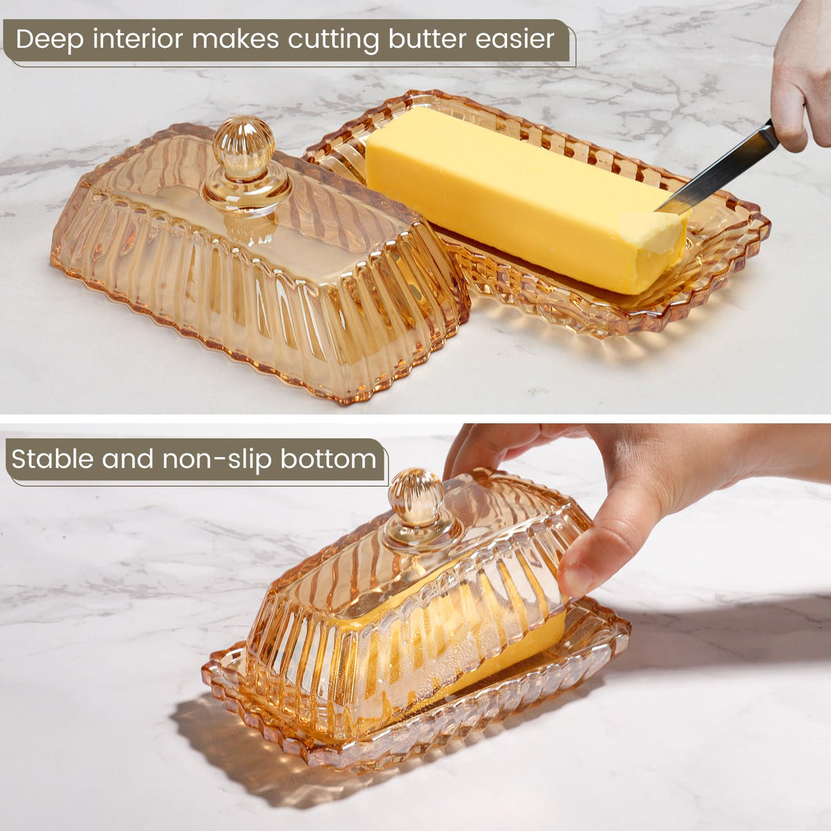 Mamalucky vintage glass butter dish adds decorative touch to table settings.