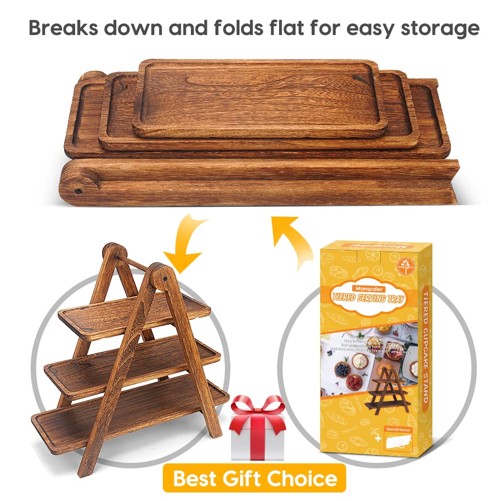Manspdier Wood 3-Tier Serving Tray on table top used for cheese and charcuterie.