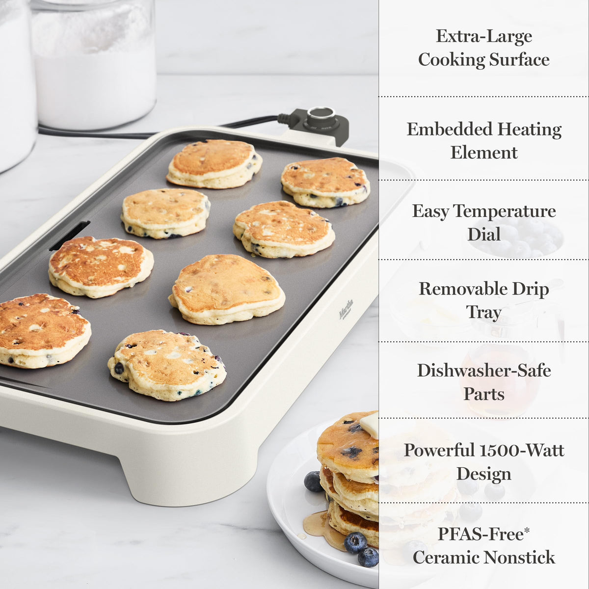 Martha Stewart griddle removable drip tray captures grease and juices.