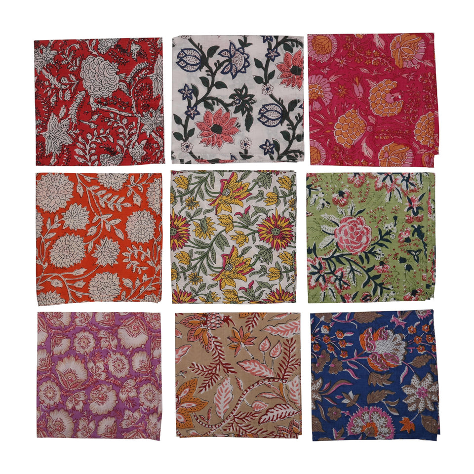 Marubhumi hand block print floral napkins on table for elegant everyday dining.