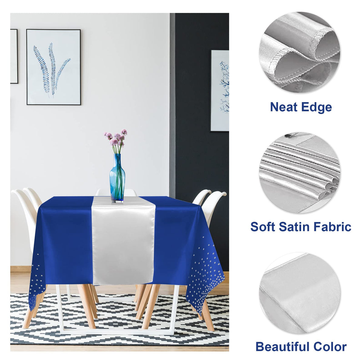 MASHAN blue-silver-dot tablecloth on dining table, ideal for family gatherings and special events.