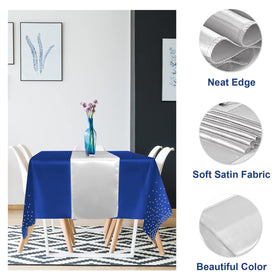 MASHAN blue-silver-dot tablecloth on dining table, ideal for family gatherings and special events.
