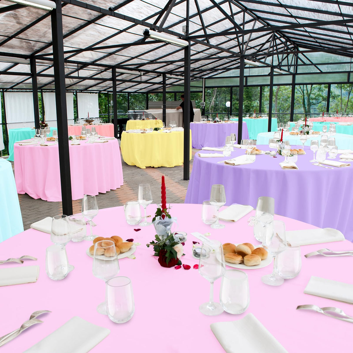 MASHAN pastel tablecloth round 84in colorful-rainbow-drape, adds vibrant ambiance to receptions.