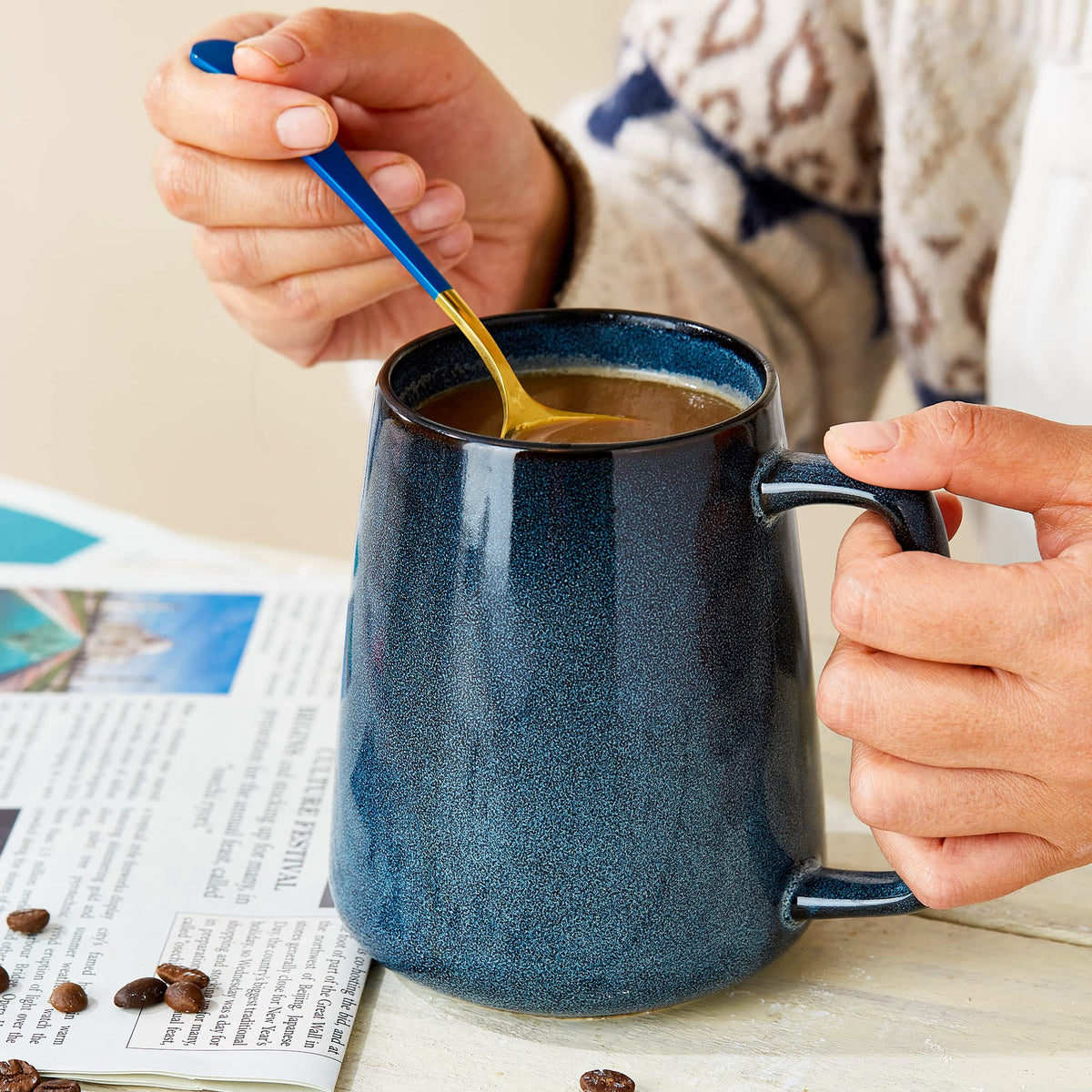 Masoline mug displaying reactive glaze, each piece unique.