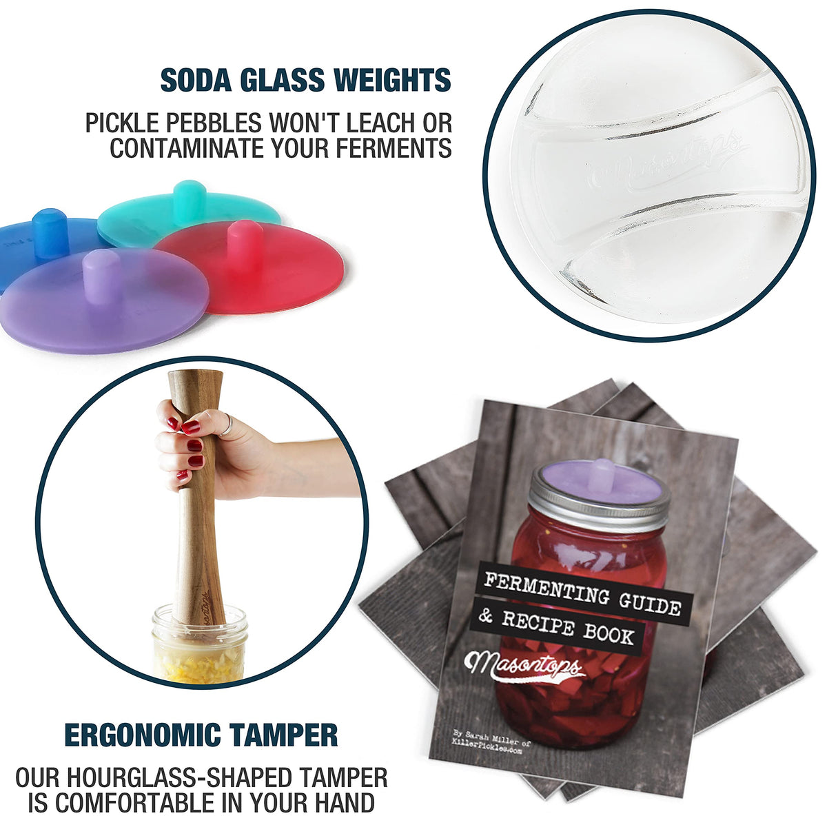 Masontops acacia tamper helps pack veggies for even brining.