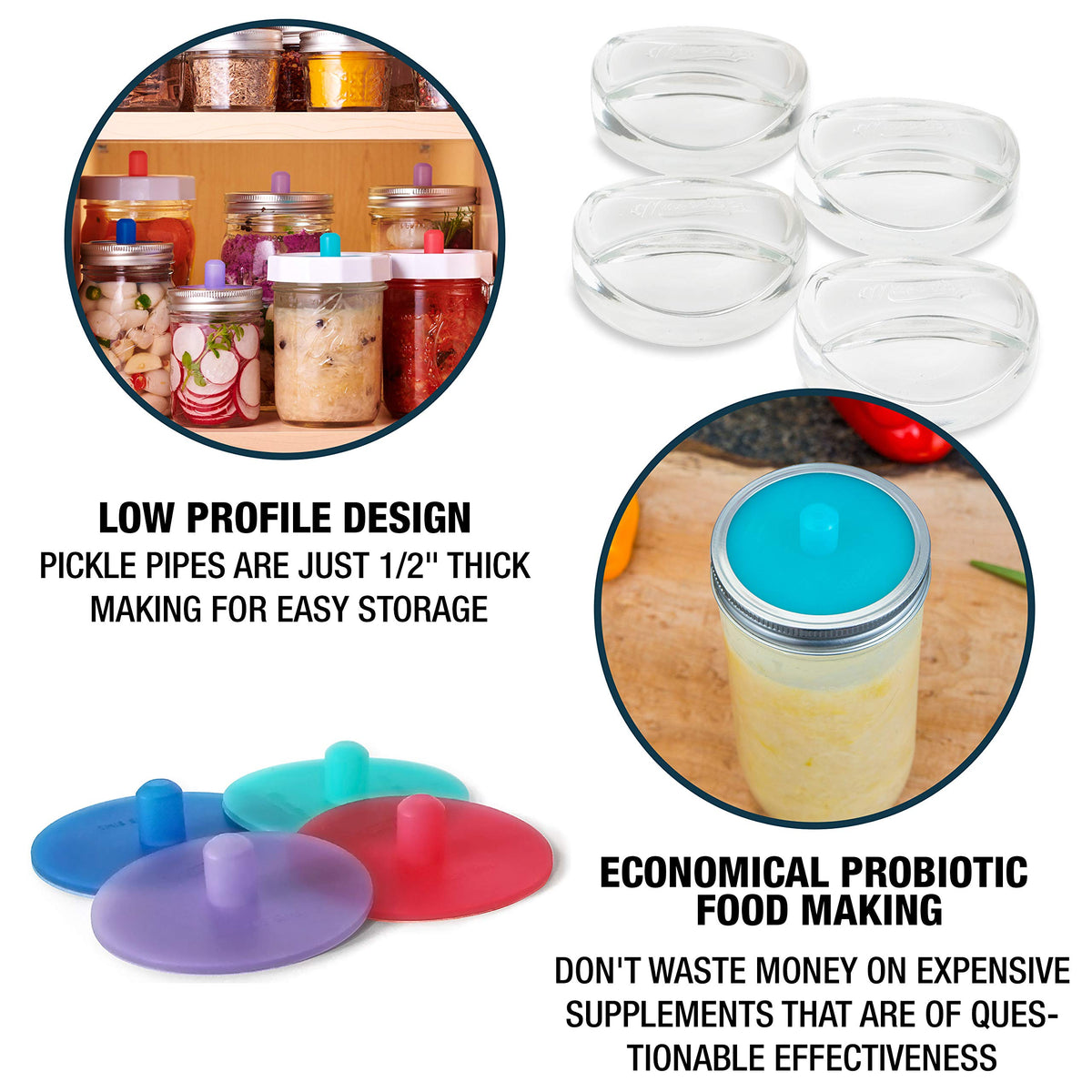 Masontops Pickle Pipes dishwasher-safe silicone for quick cleanup.
