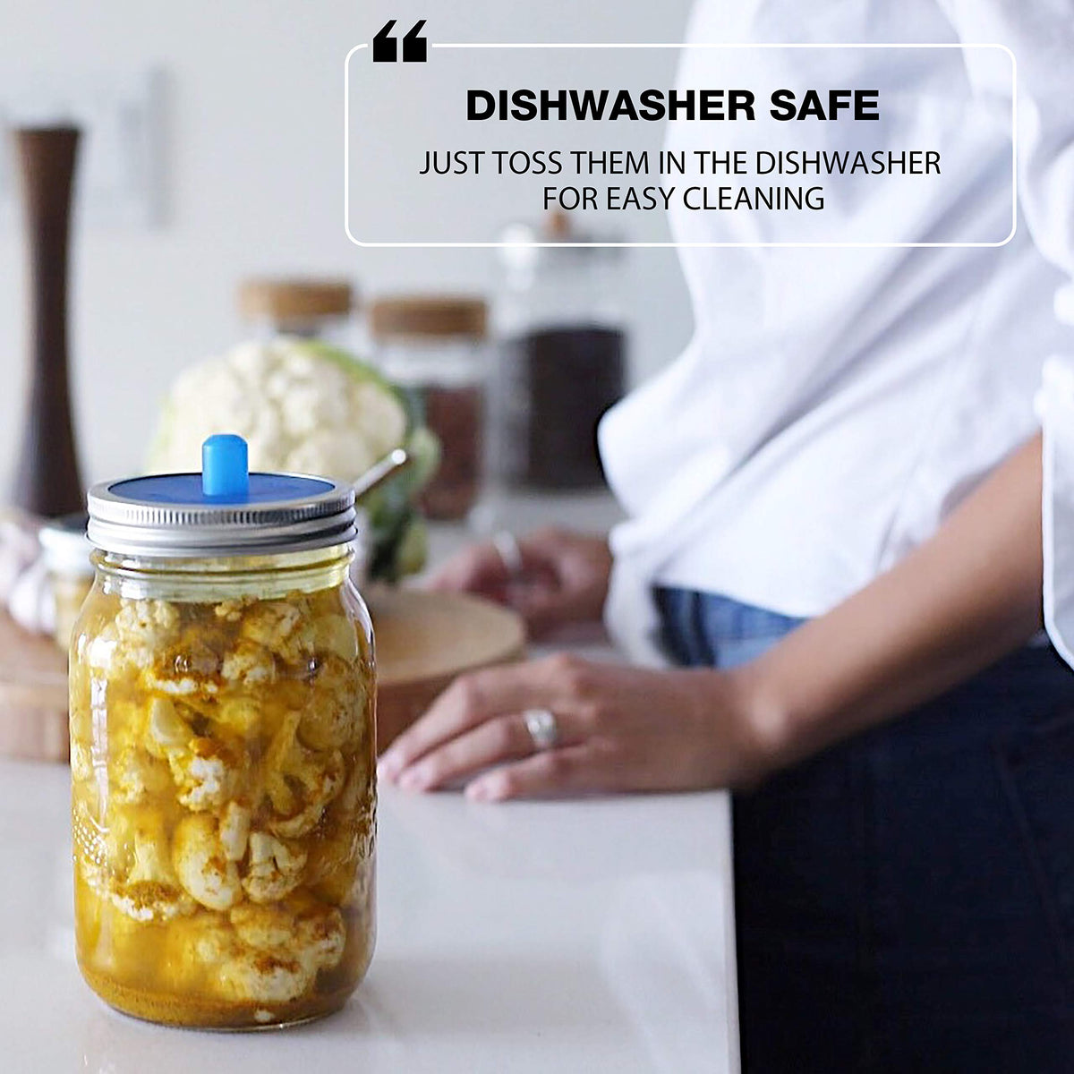 Masontops Pickle Pipes BPA-free silicone keeps foods safe during fermentation.