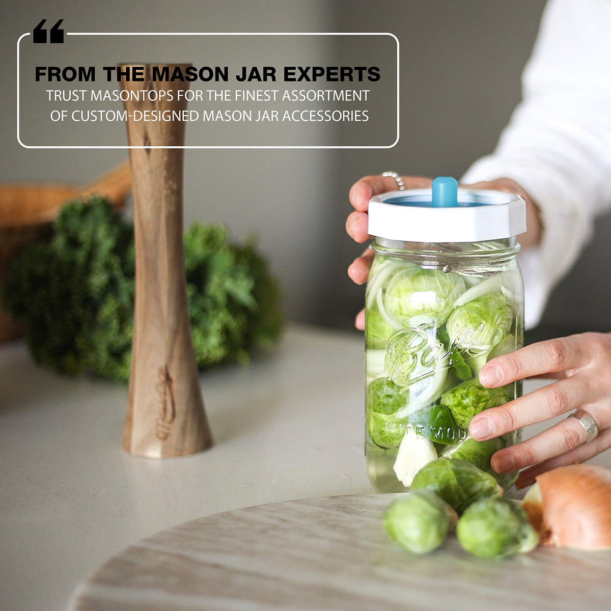 Masontops Pickle Pipes wide-mouth jar compatibility for sauerkraut and kimchi.