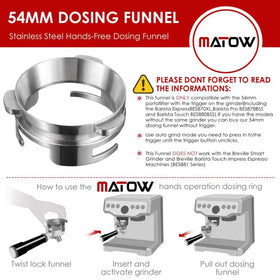 MATOW 54mm dosing funnel attached to Breville portafilter demonstrates secure twist-lock.