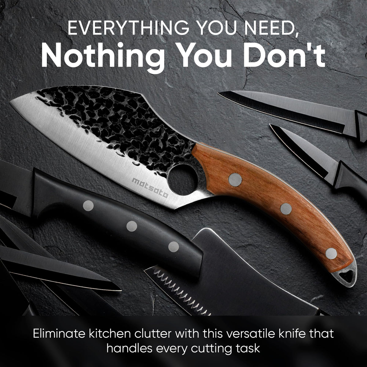 Matsato knife featuring carbonized beech handle for durability and elegance.
