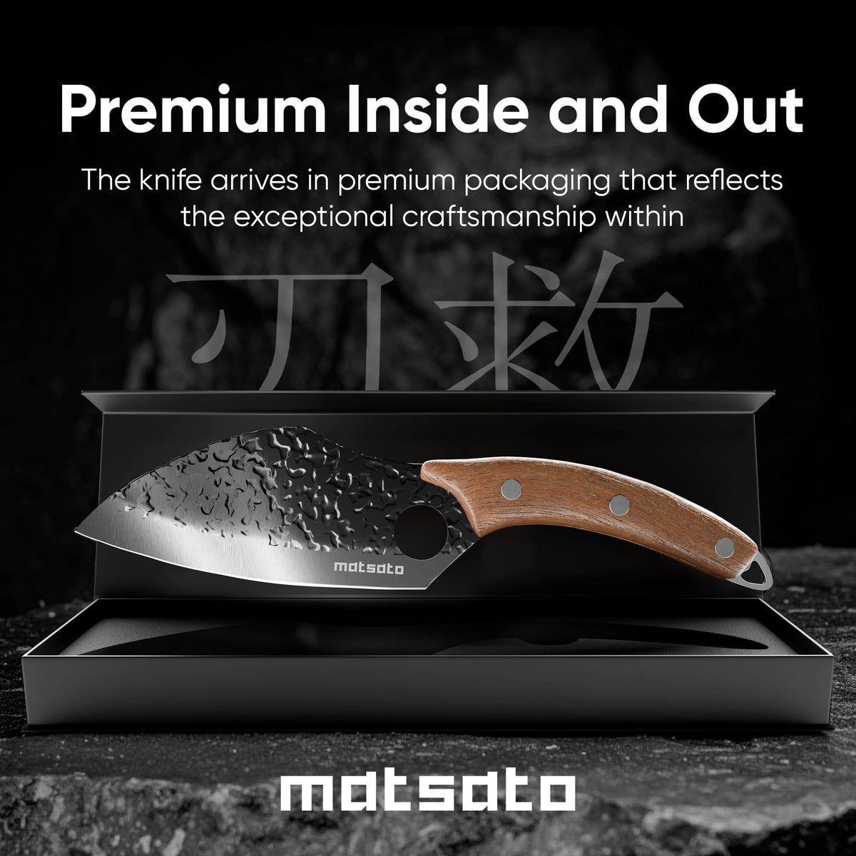 Matsato blade slicing vegetables and meat with balanced feel.