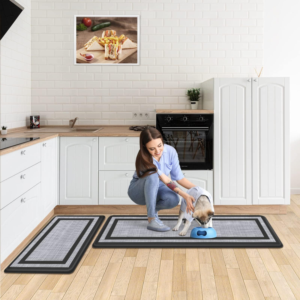 Black and gray colorway of Mattitude mats complements modern kitchen decor.