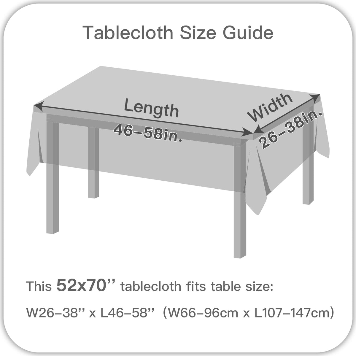 Maxmill 52x70 inch coverage fits rectangular tables.