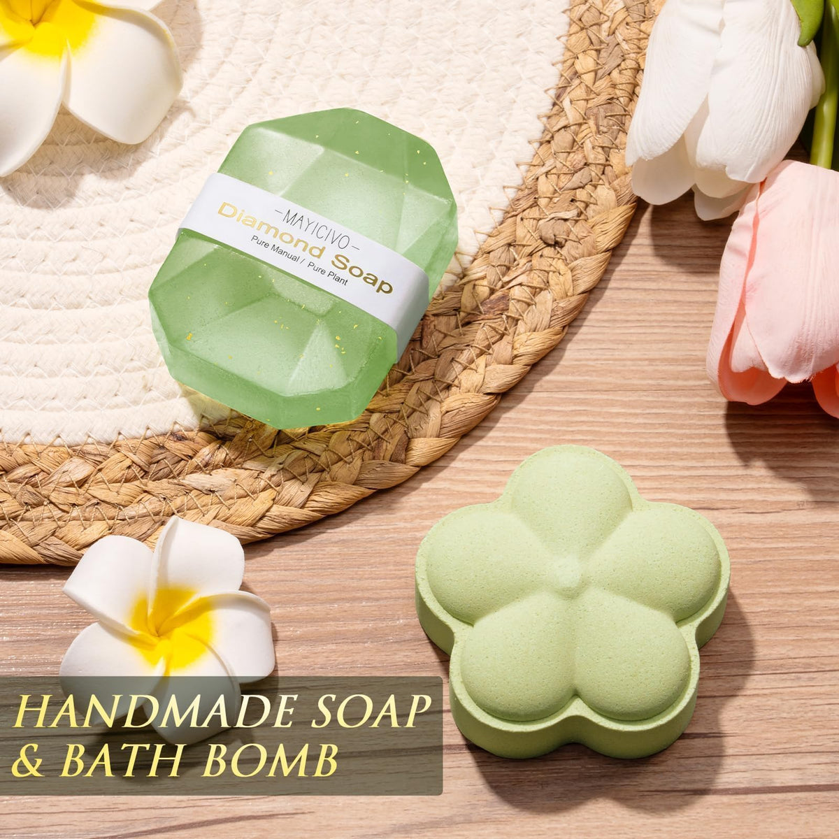 MAYICIVO bath bomb and spa items arranged for indulgent bathtime