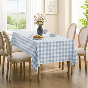 Maymiss light-blue gingham tablecloth adds cheerful style to indoor gatherings.