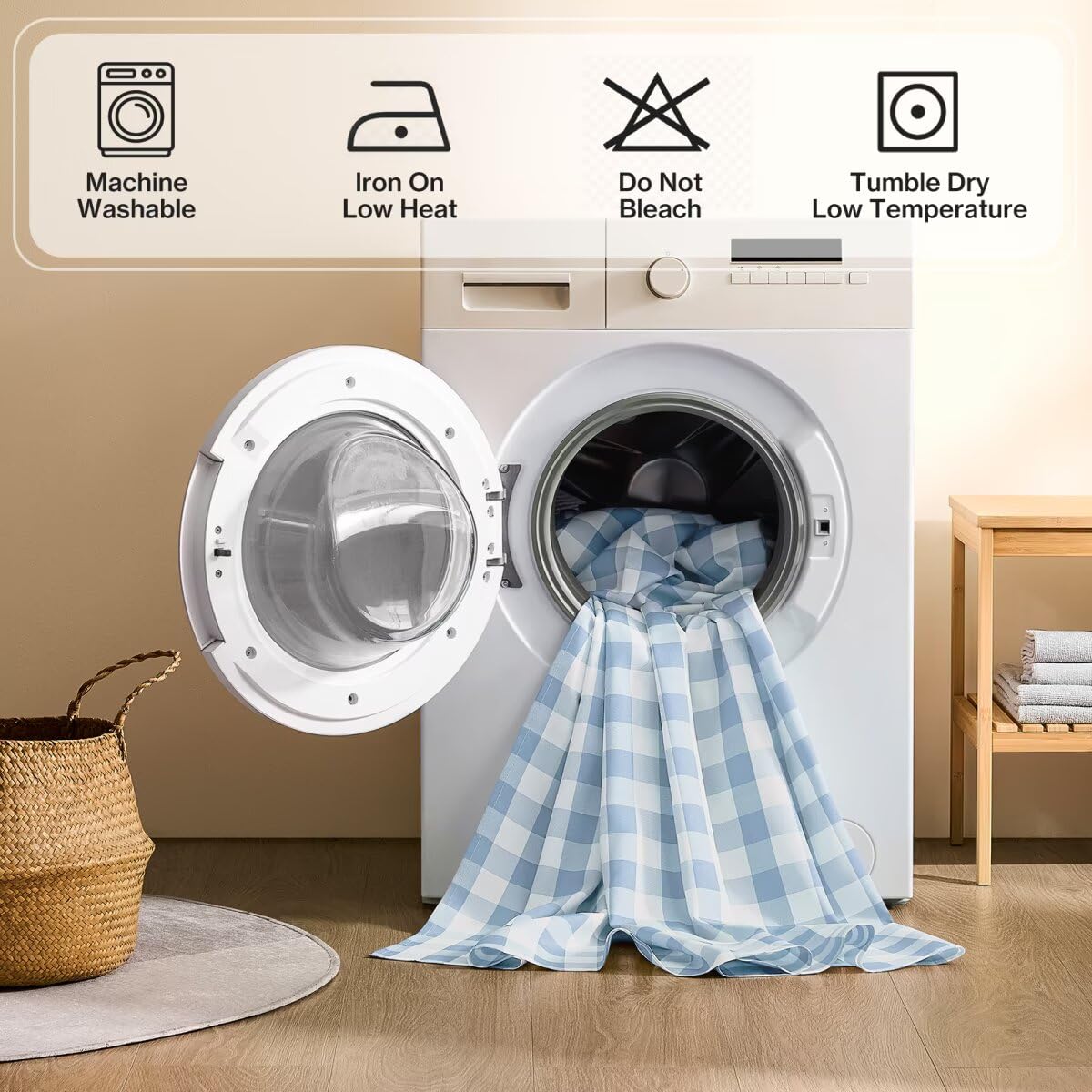 Maymiss machine-washable tablecloth for simple deep cleaning after busy meals.