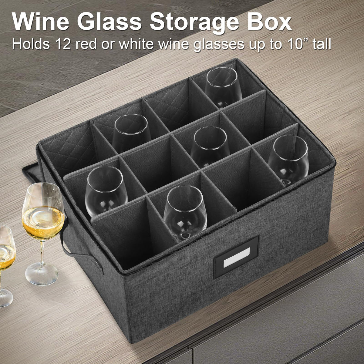 Mayniu wine glass storage box showing adjustable dividers for different glassware