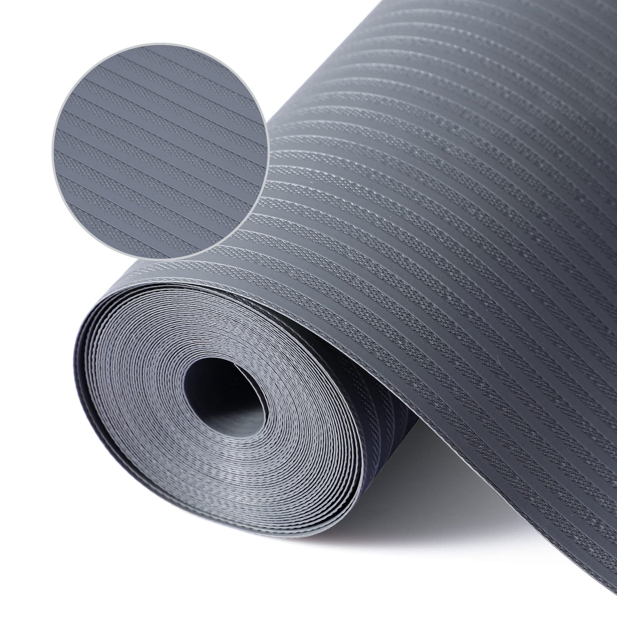 Mcrbeay shelf liner in dark gray prevents slipping on shelves.
