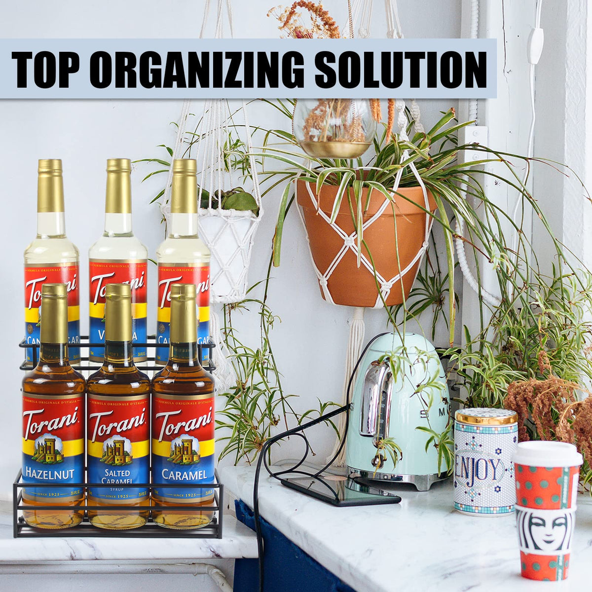 MCSAPIL syrup rack on countertop keeps flavor bottles within easy reach