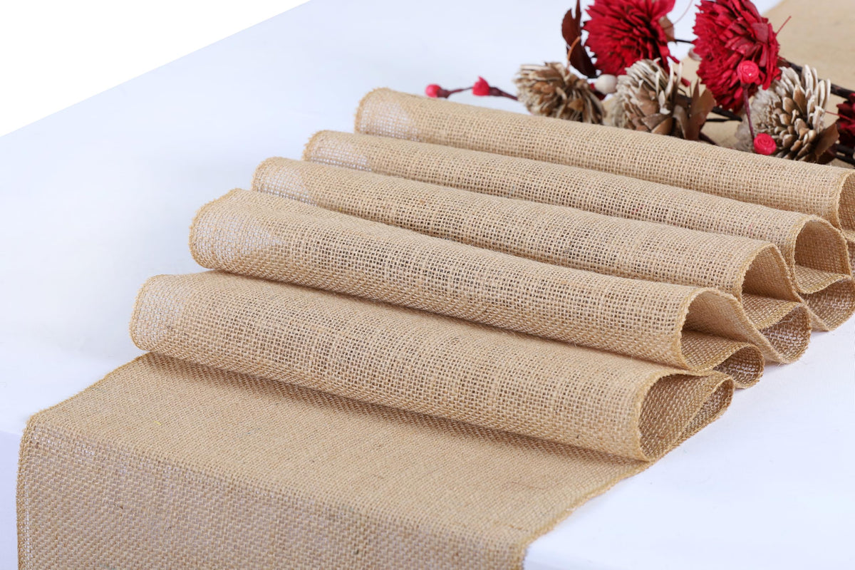 MDS wedding table decor with natural burlap runner.