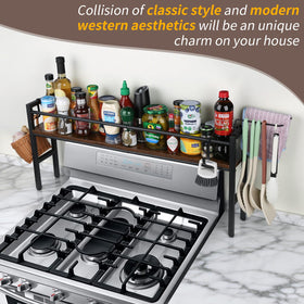 Meangood spice rack shelf with four hooks offers easy utensil access during cooking
