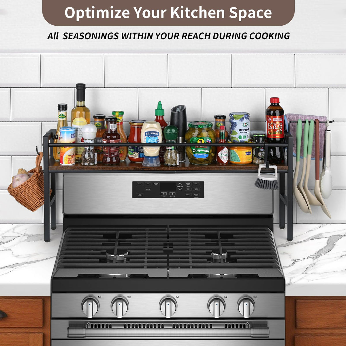Meangood rustic wood and metal shelf adds warm style above your stove
