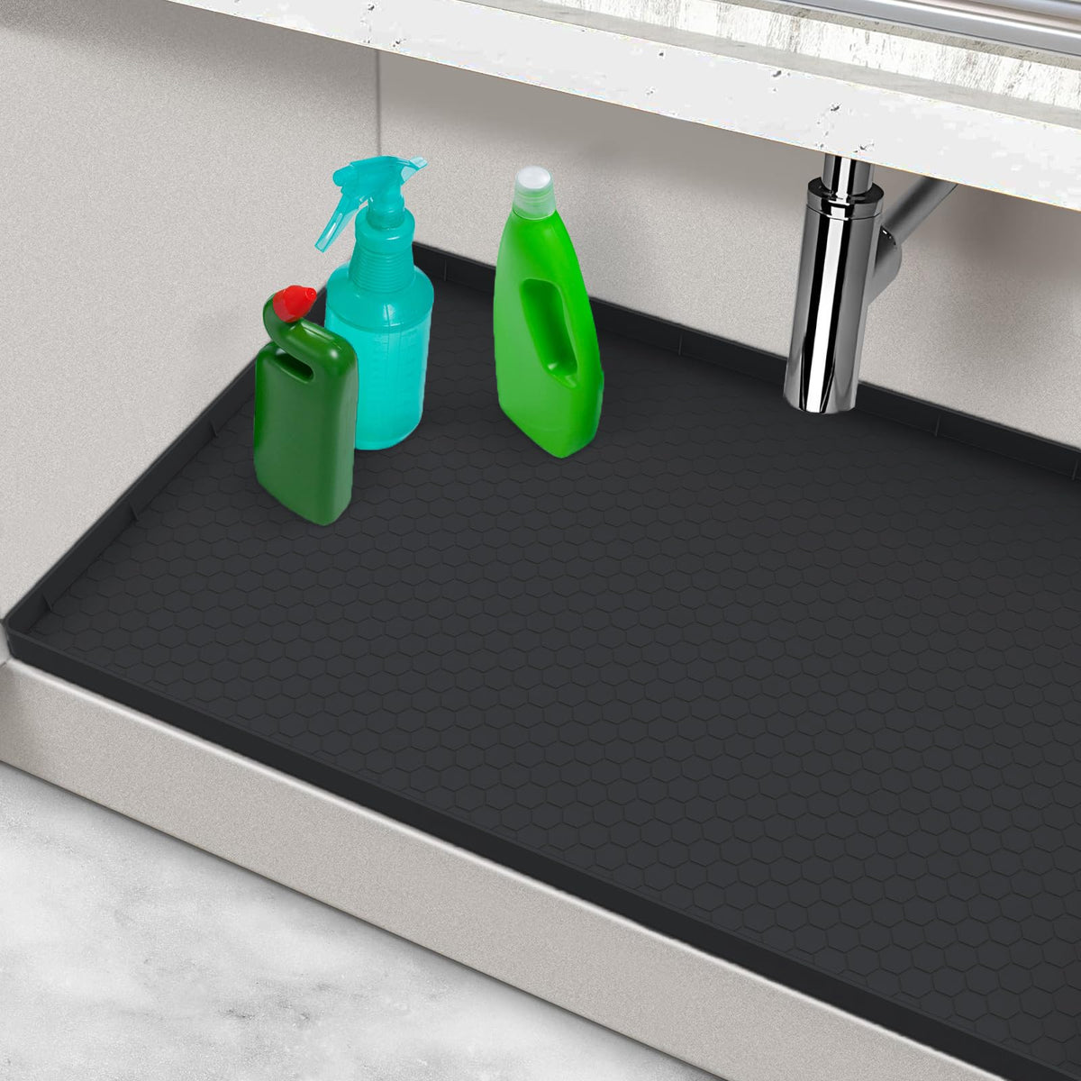 MECHEER under-sink mat 28x22 full view protects cabinets from spills