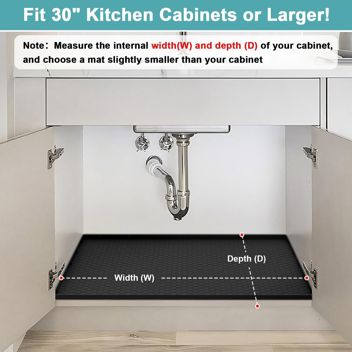 MECHEER under-sink mat showing raised edges containing leaks