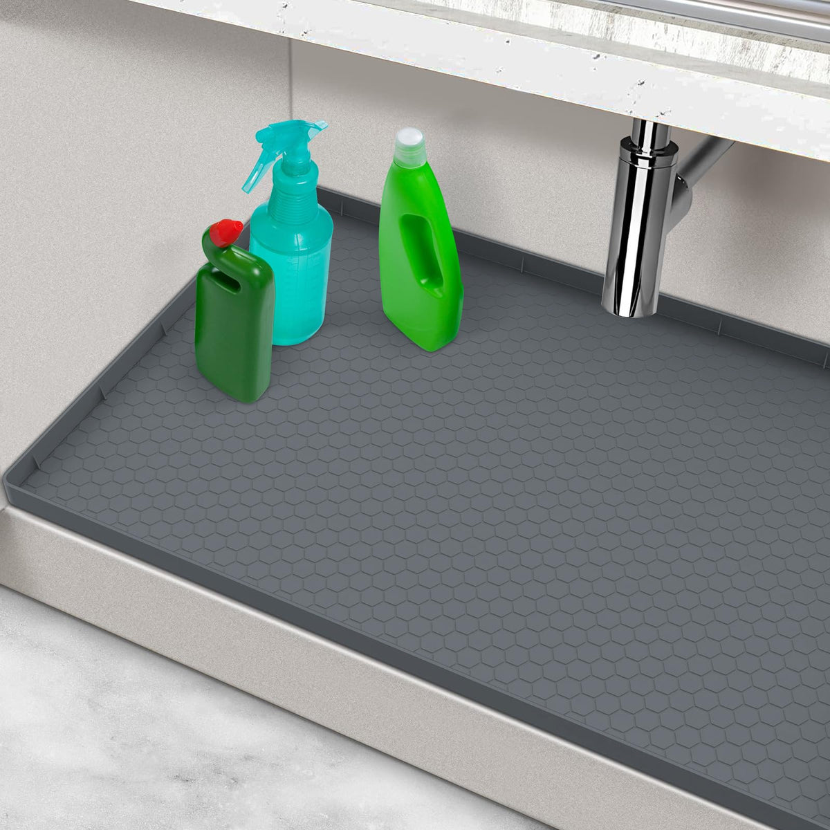 MECHEER waterproof under-sink mat, 28in x 19in, shields cabinets from leaks and spills.
