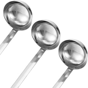 Meekoo stainless steel soup ladle ready for serving hot liquids.