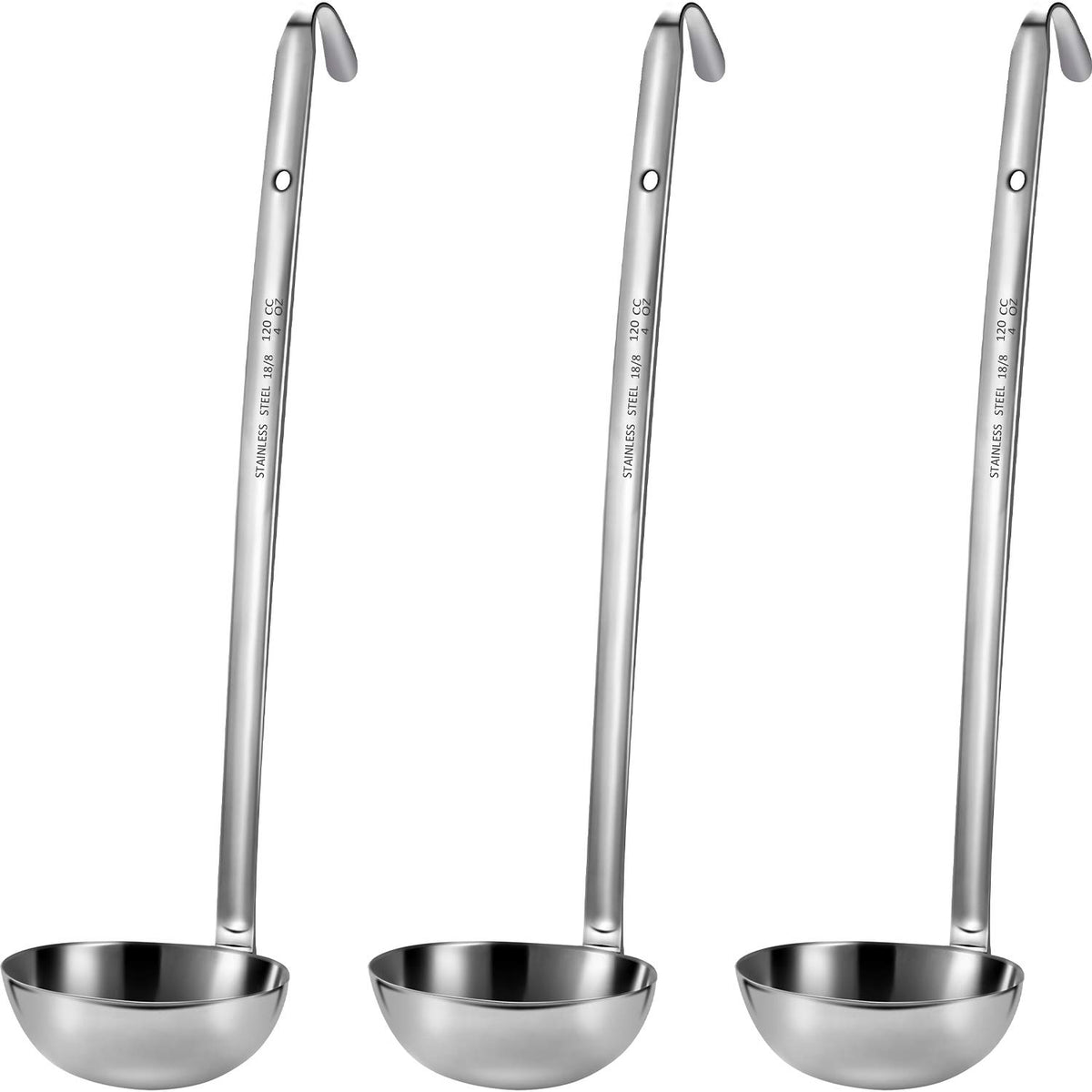 Meekoo three-piece stainless steel ladle set with pouring rim for precise portions.