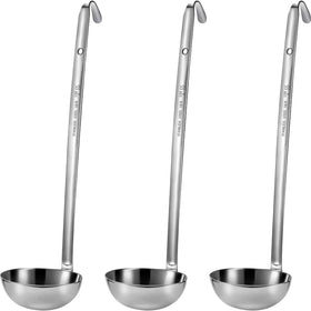 Meekoo three-piece stainless steel ladle set with pouring rim for precise portions.