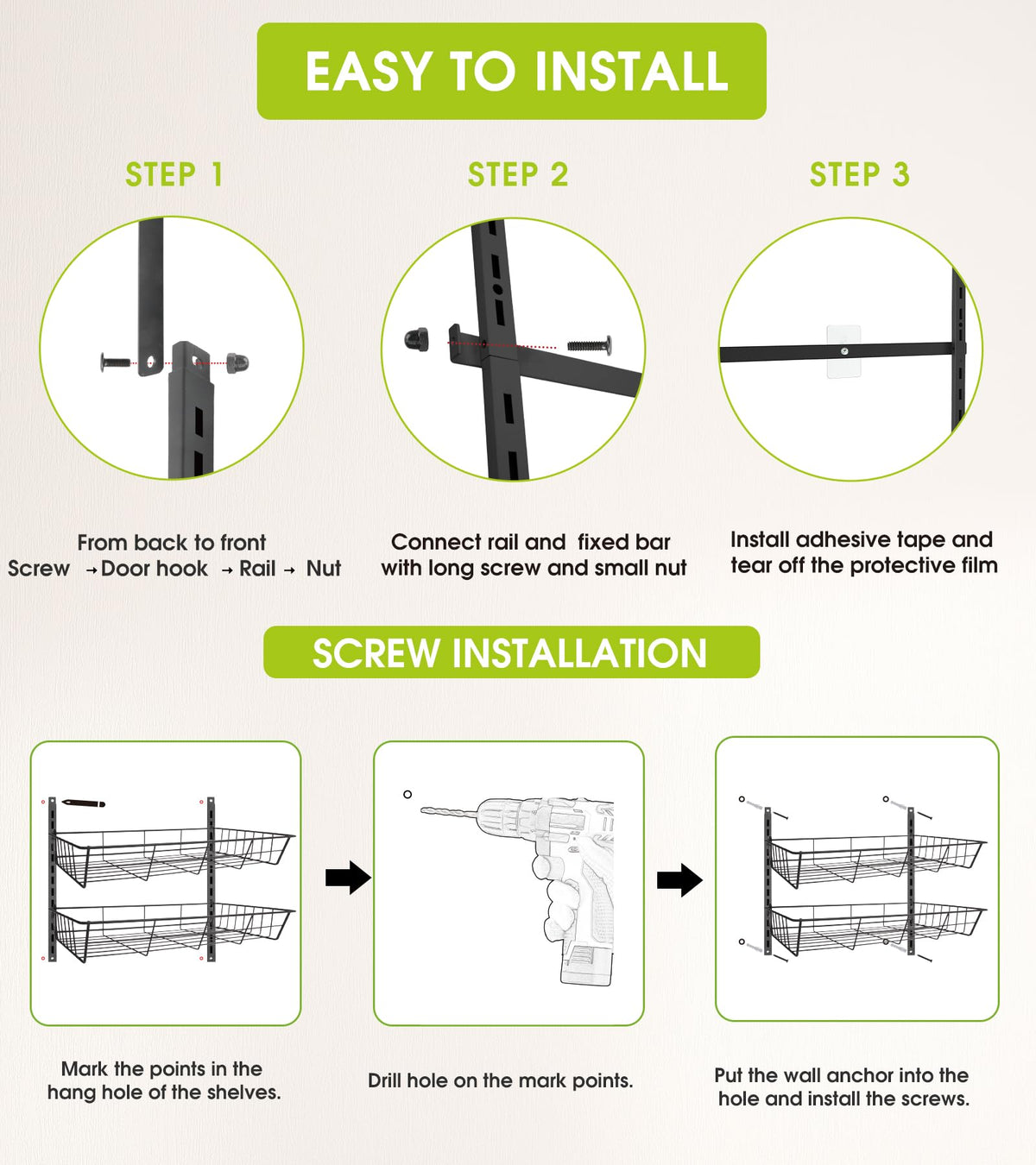 MeFirt kitchen organization in use for pantry, bathroom, or closet with versatile mounting.