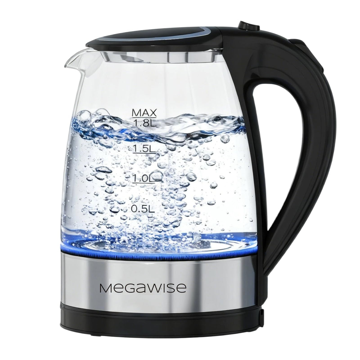 MEGAWISE 1.8L kettle with glass body for a stylish, heat-safe brewing experience.