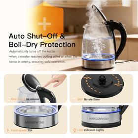MEGAWISE glass kettle features blue LED indicator showing active heating status.