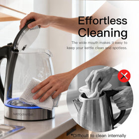 MEGAWISE electric kettle boils water in under three minutes for busy mornings.
