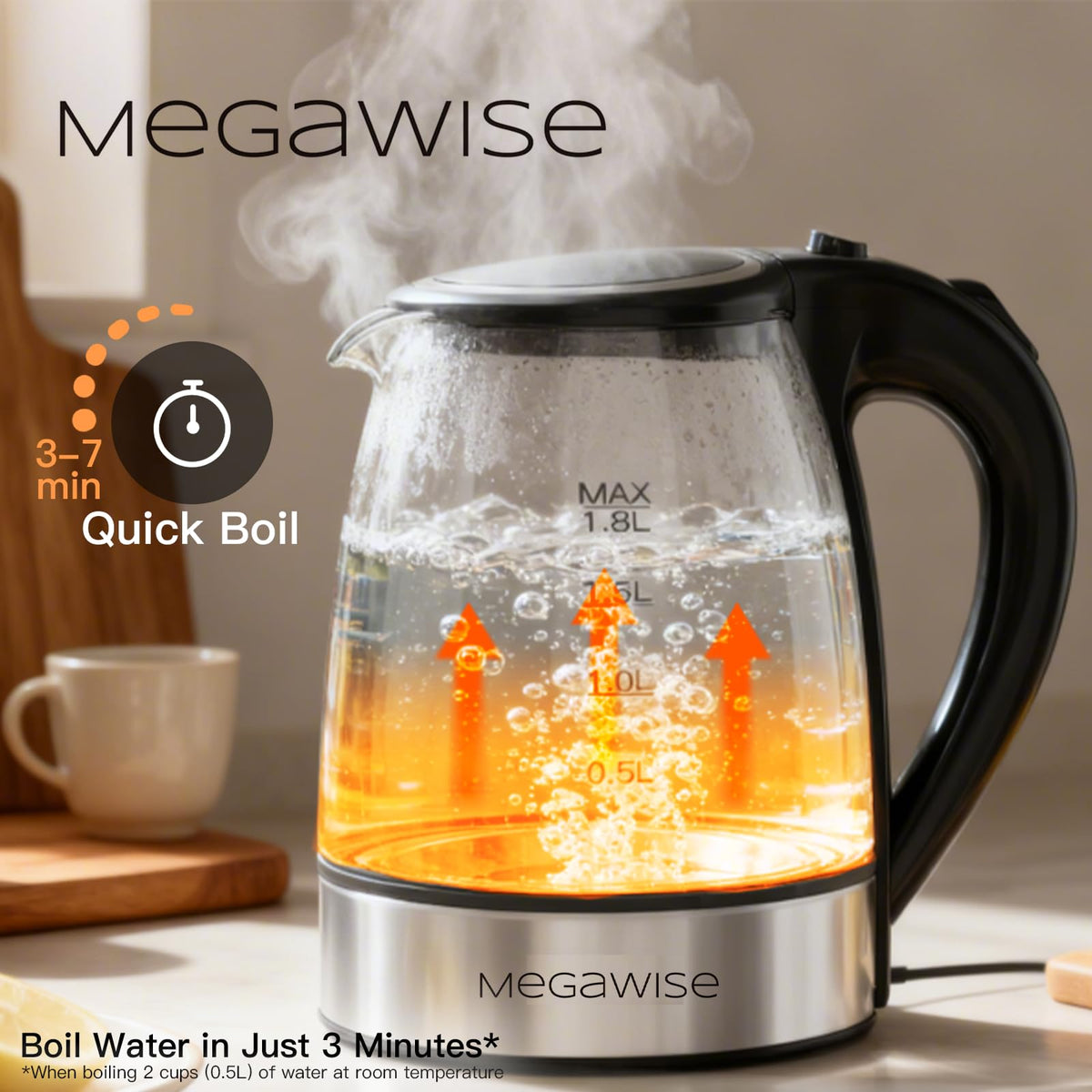 MEGAWISE fast boil technology quickly heats water for coffee or tea.