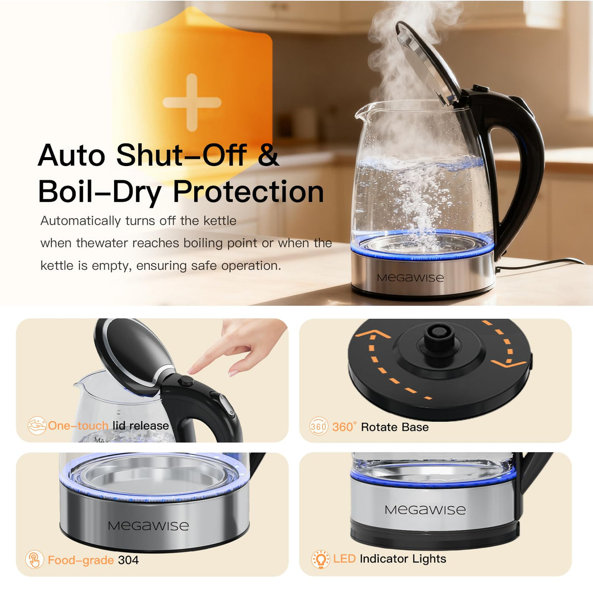 MEGAWISE blue LED ring glows while heating for a modern look.