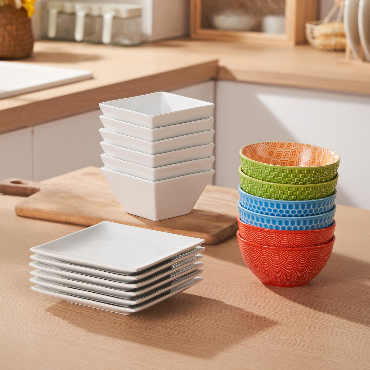 Meideal square plates stack compactly to save cabinet space.