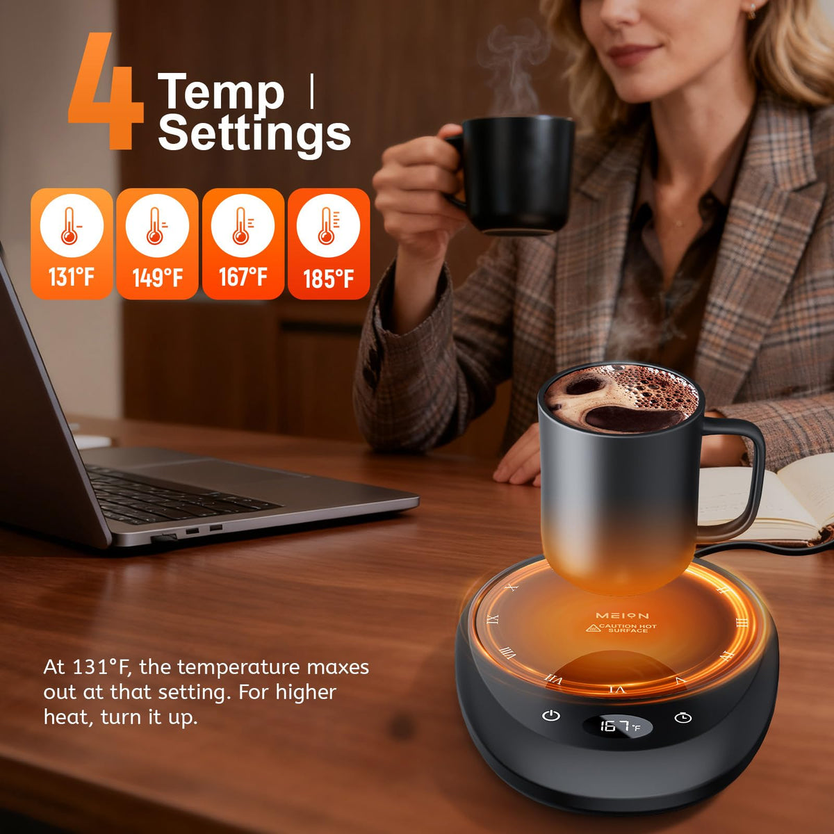 MEION coffee mug warmer control panel focus shows four temperature settings for customized heat