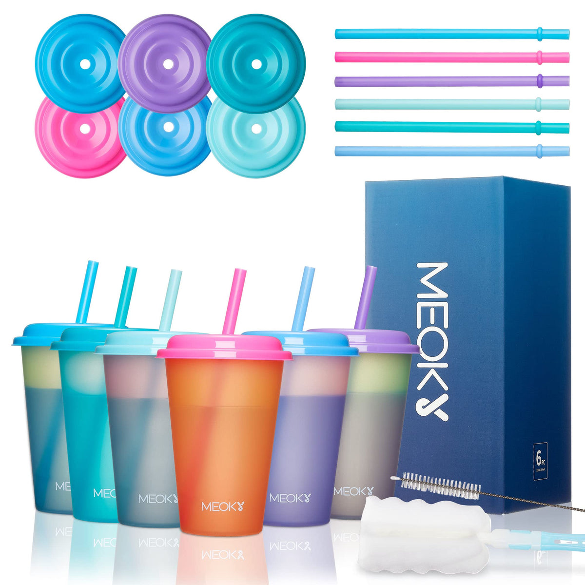 Meoky color-changing cups showcase safe materials and reusable benefits.