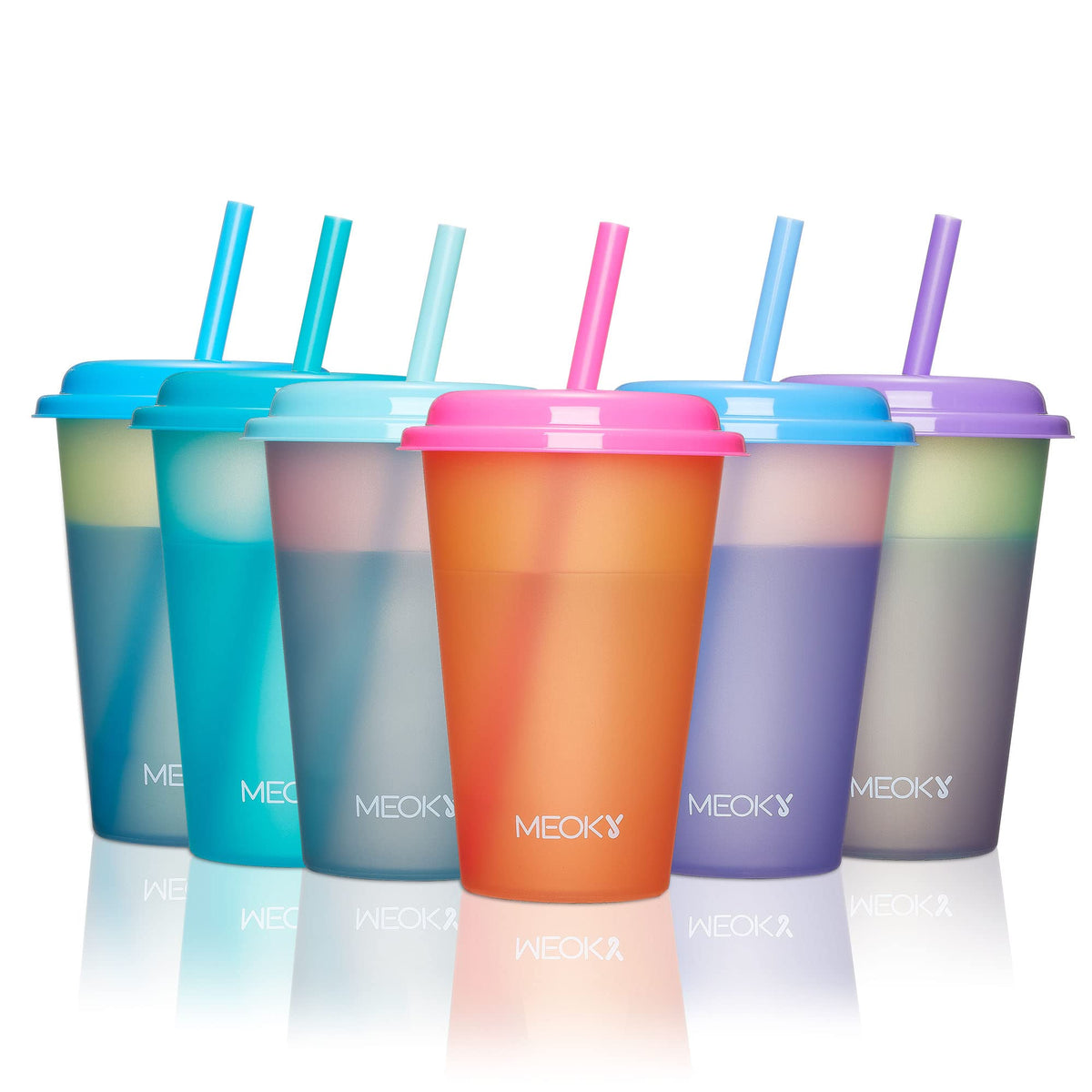 Meoky color-changing cups with lids and straws for six-pack, ideal for party table color pops.